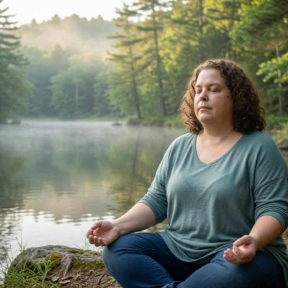 Marta Díaz-Salazar meditando junto al lago